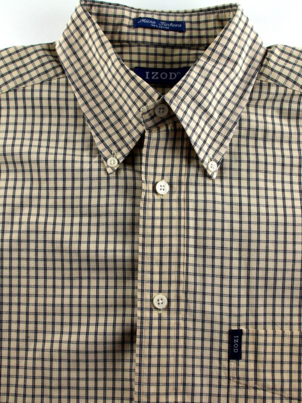 IZOD Cream & Navy Micro Tartan Plaid 100% Cotton Casual Shirt Button Down Collar - Picture 2 of 6